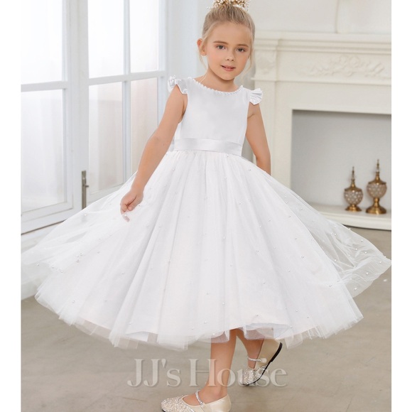 JJ’s House A-line Scoop Tea-Length Satin Flower Girl or First Communion Dress - Picture 5 of 5